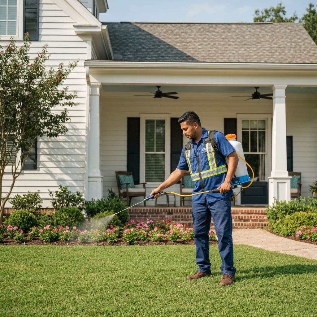 Pest control technician treating home exterior lawn and landscaping